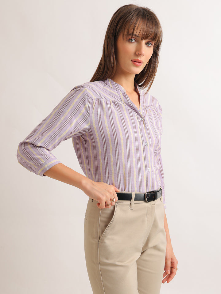 Hancock   Women   Purple   Stripes   Cotton Rich   Regular Fit   Formal   Shirt