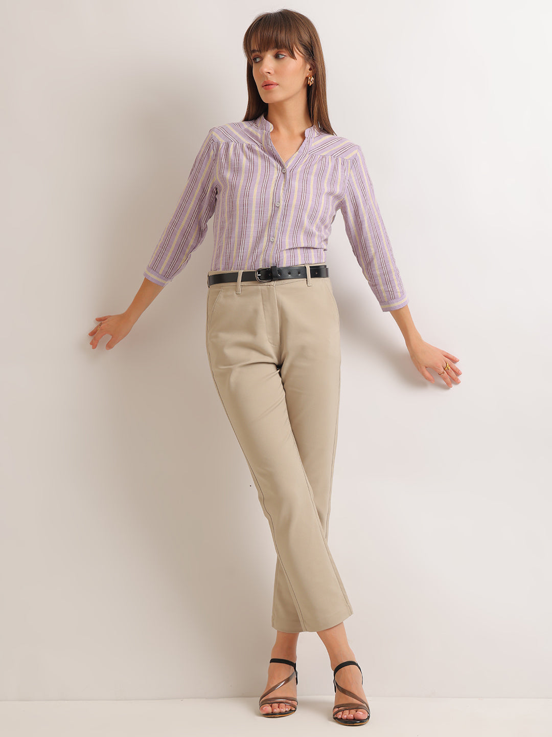 Hancock   Women   Purple   Stripes   Cotton Rich   Regular Fit   Formal   Shirt