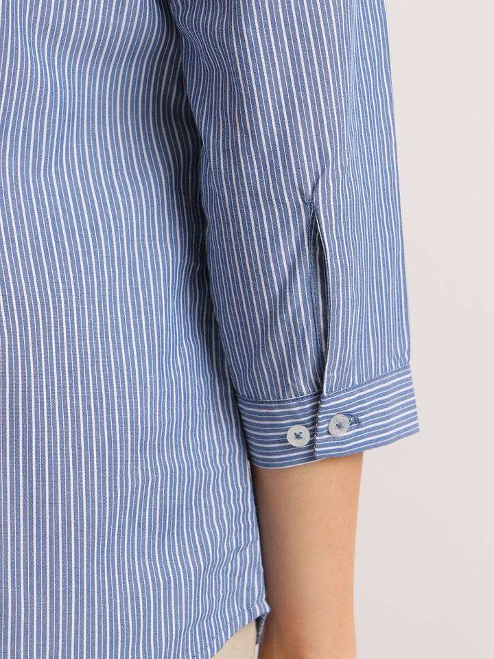 Hancock   Women   Blue   Stripes   Pure Cotton   Regular Fit   Formal   Shirt