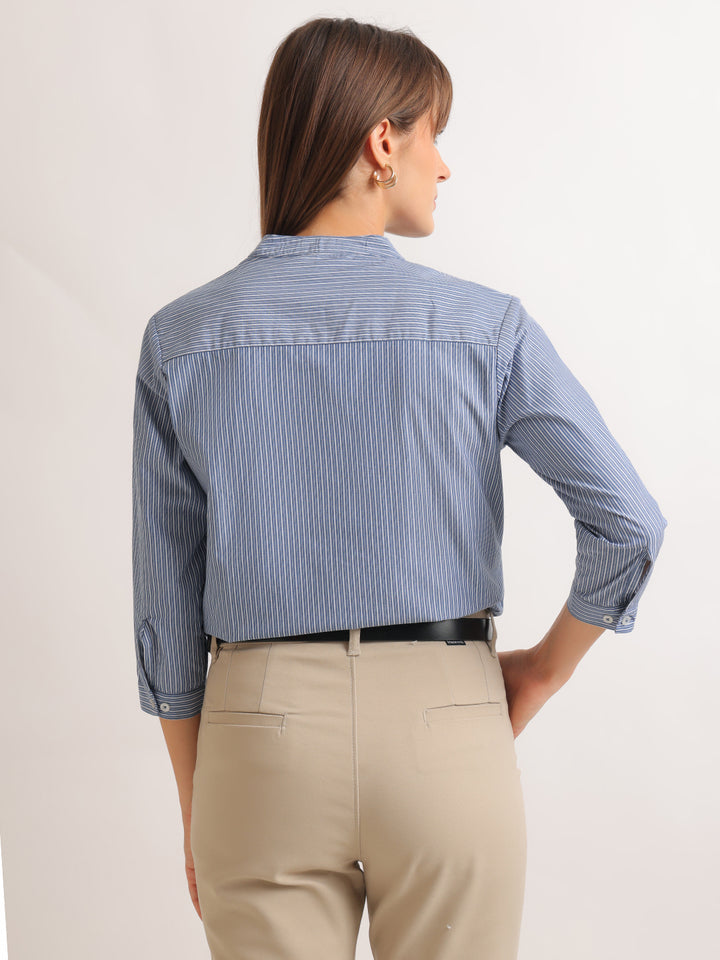 Hancock   Women   Blue   Stripes   Pure Cotton   Regular Fit   Formal   Shirt
