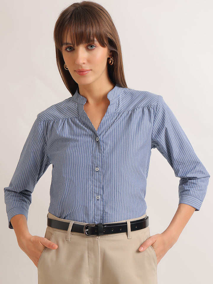 Hancock   Women   Blue   Stripes   Pure Cotton   Regular Fit   Formal   Shirt