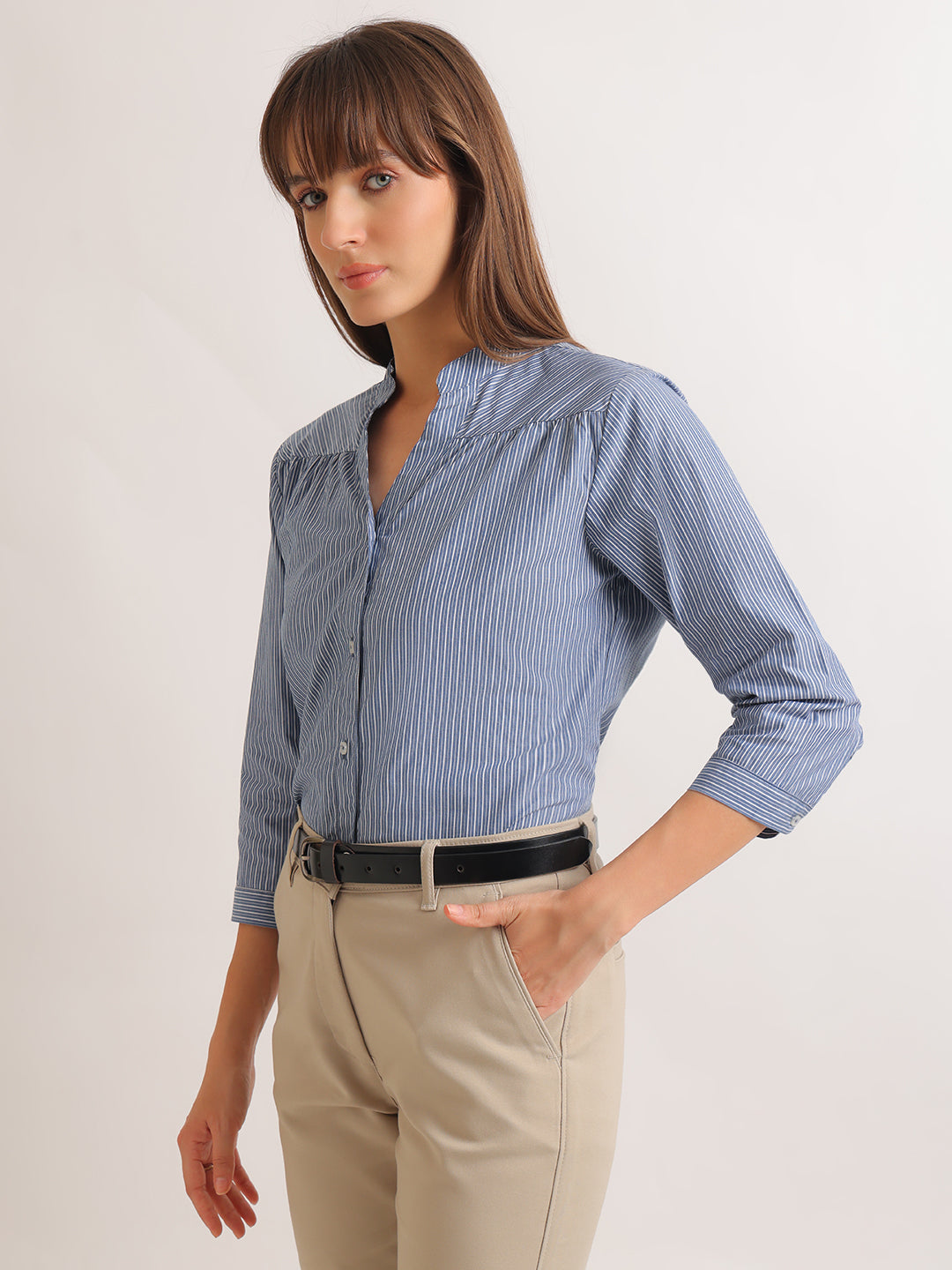 Hancock   Women   Blue   Stripes   Pure Cotton   Regular Fit   Formal   Shirt