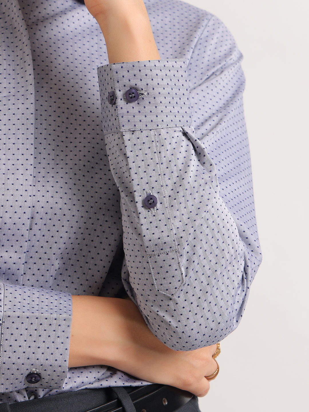 Hancock   Women   Grey & Navy Blue   Solid Self Design   Pure Cotton   Regular Fit   Formal   Shirt