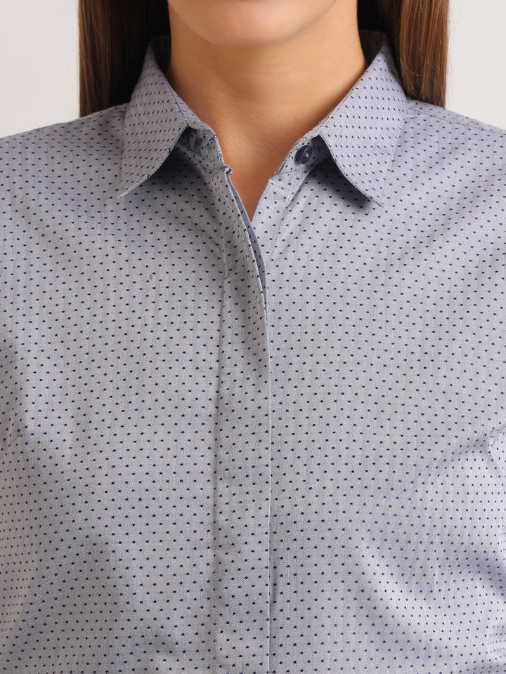 Hancock   Women   Grey & Navy Blue   Solid Self Design   Pure Cotton   Regular Fit   Formal   Shirt