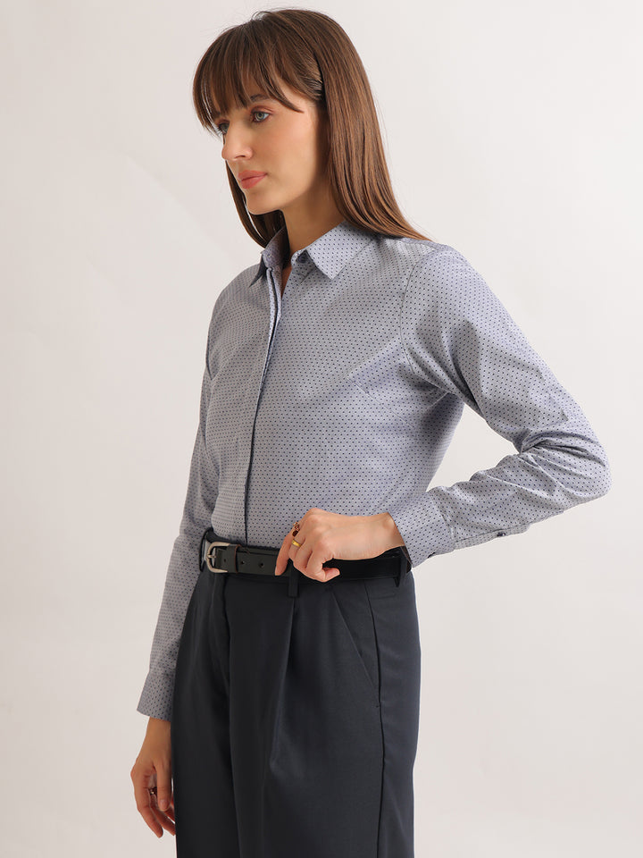 Hancock   Women   Grey & Navy Blue   Solid Self Design   Pure Cotton   Regular Fit   Formal   Shirt