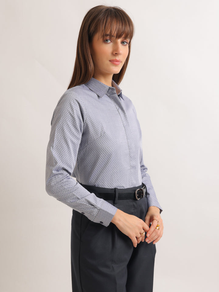 Hancock   Women   Grey & Navy Blue   Solid Self Design   Pure Cotton   Regular Fit   Formal   Shirt