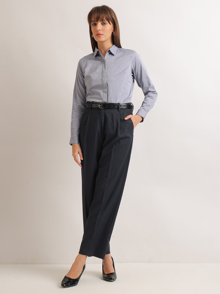 Hancock   Women   Grey & Navy Blue   Solid Self Design   Pure Cotton   Regular Fit   Formal   Shirt