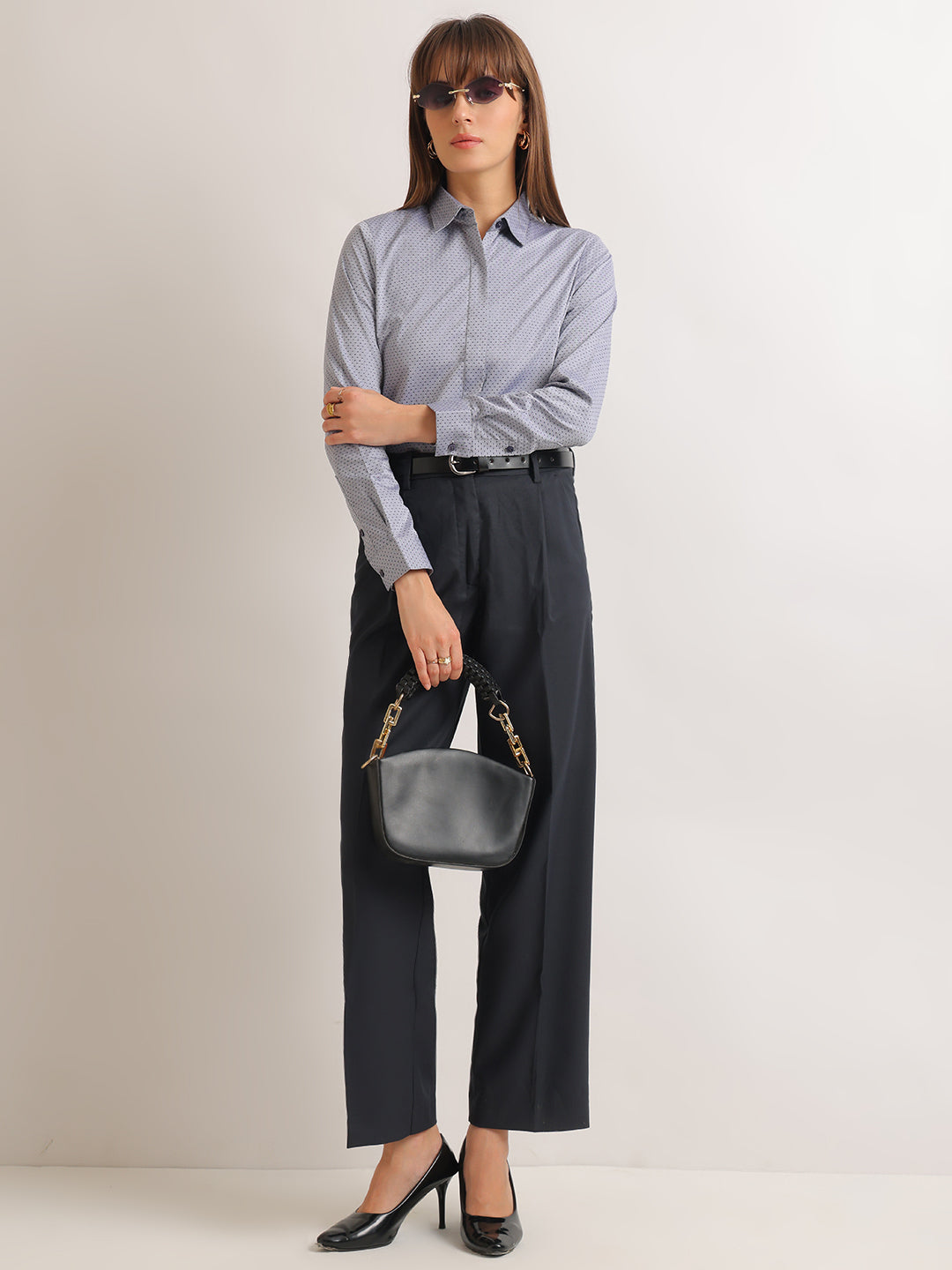 Hancock   Women   Grey & Navy Blue   Solid Self Design   Pure Cotton   Regular Fit   Formal   Shirt
