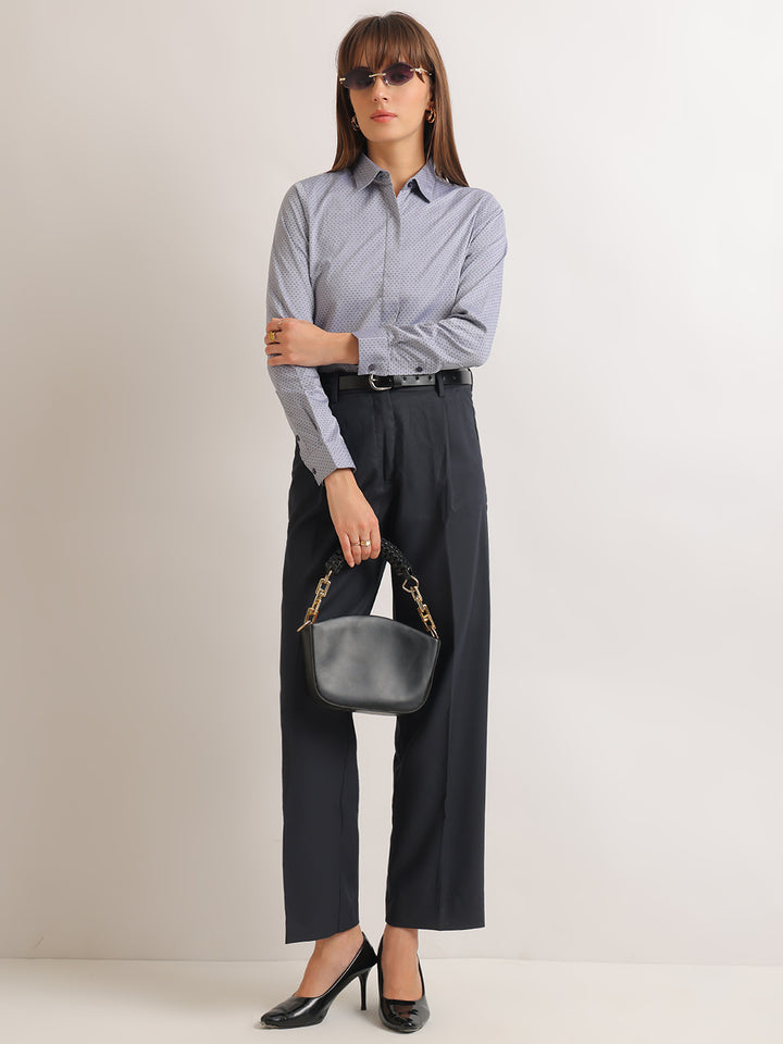 Hancock   Women   Grey & Navy Blue   Solid Self Design   Pure Cotton   Regular Fit   Formal   Shirt