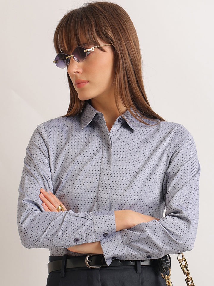 Hancock   Women   Grey & Navy Blue   Solid Self Design   Pure Cotton   Regular Fit   Formal   Shirt