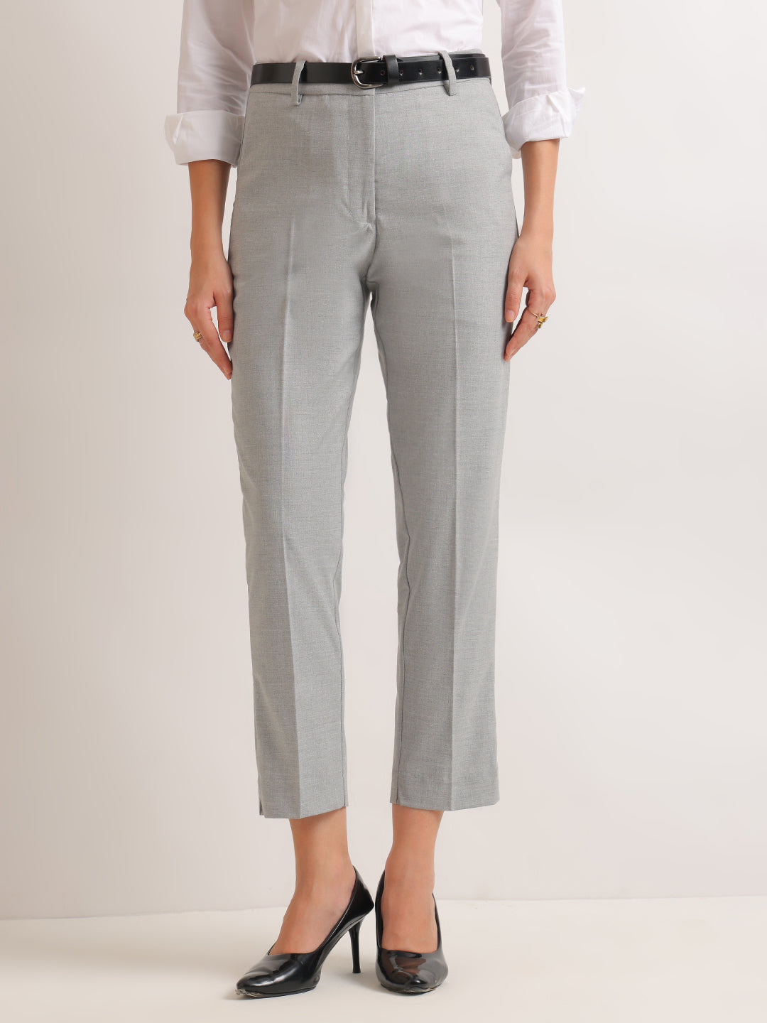 Hancock   Women   Melange Grey   Solids   Viscose Rayon   Slim Fit   Formal   Trouser