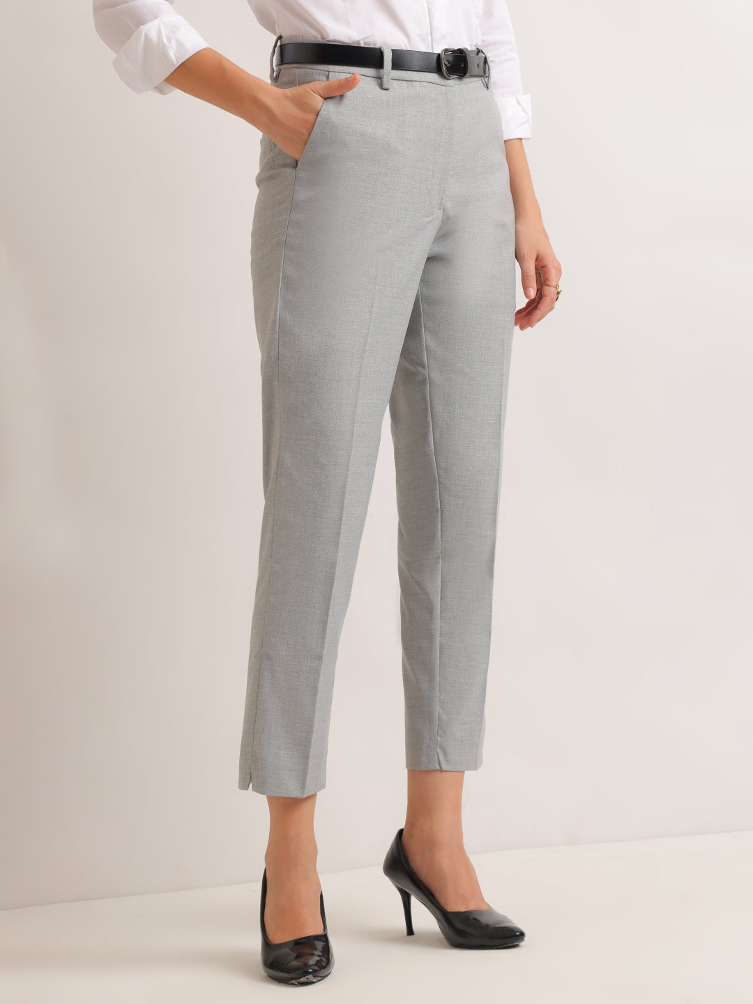 Hancock   Women   Melange Grey   Solids   Viscose Rayon   Slim Fit   Formal   Trouser