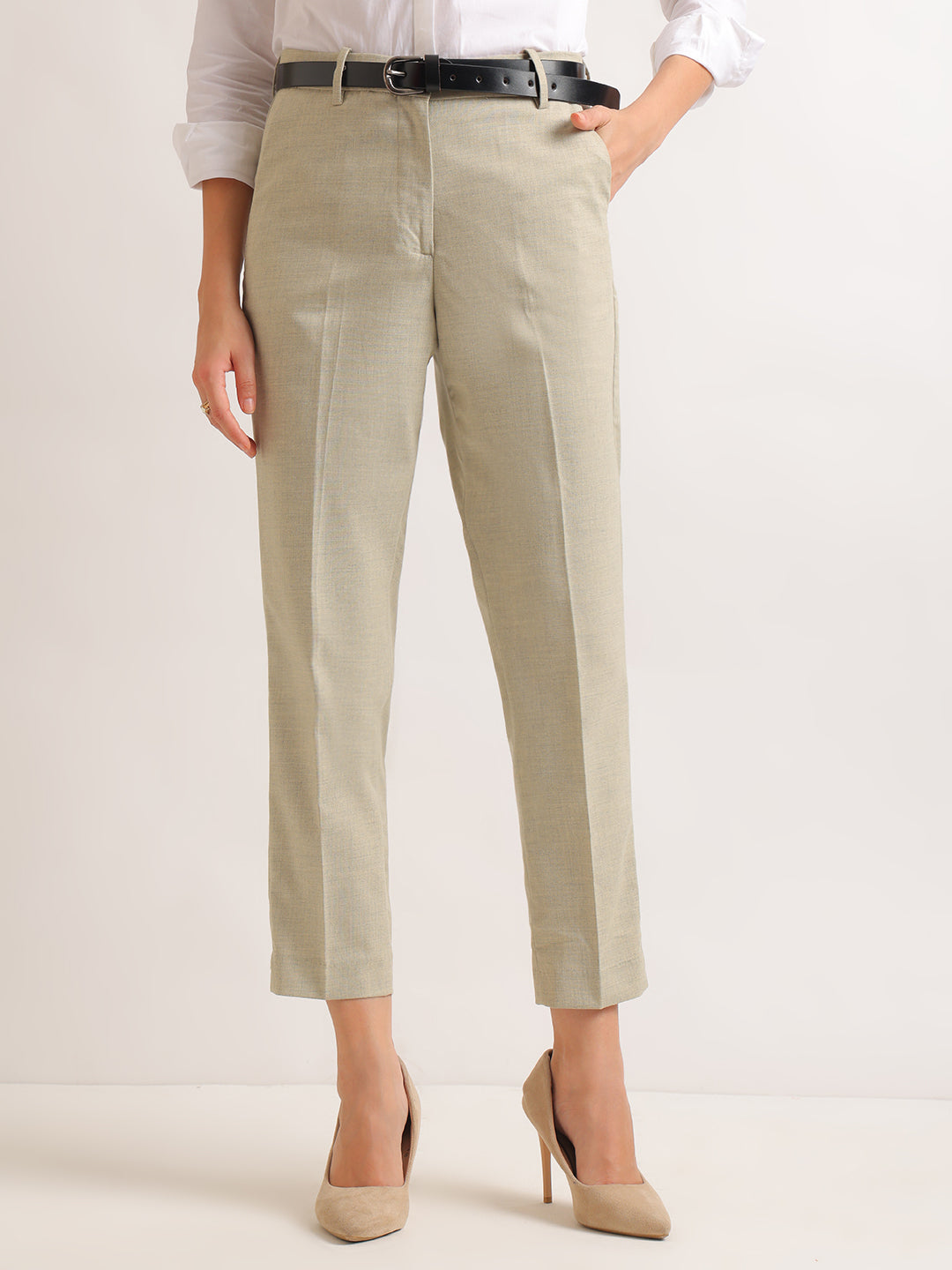 Hancock   Women   Beige   Solids   Viscose Rayon   Slim Fit   Formal   Trouser