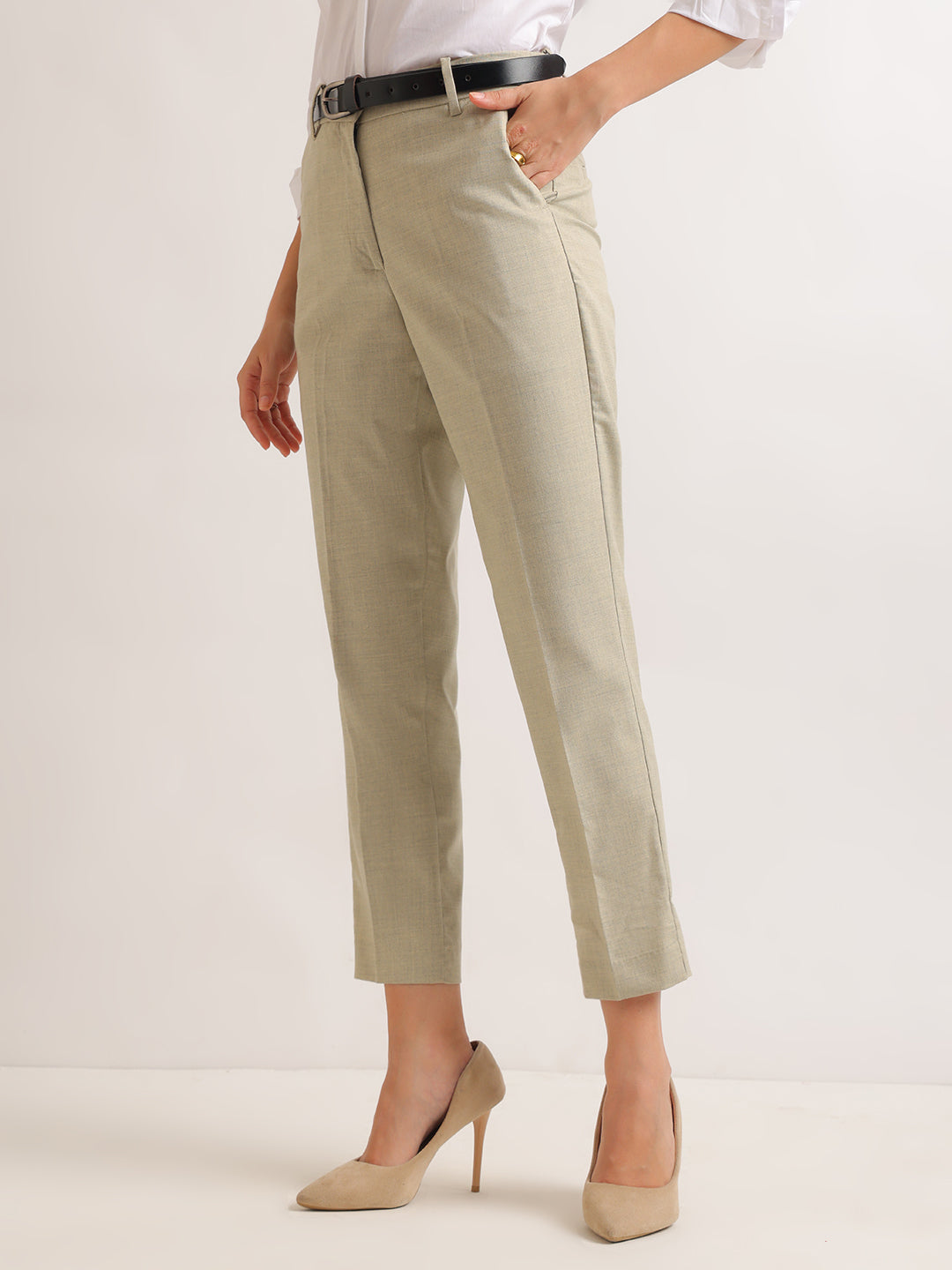 Hancock   Women   Beige   Solids   Viscose Rayon   Slim Fit   Formal   Trouser
