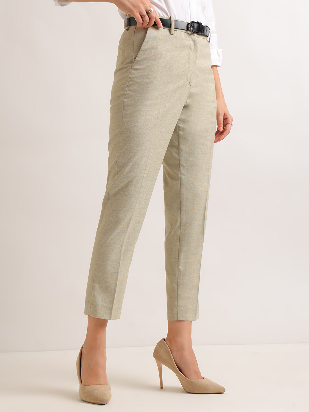 Hancock   Women   Beige   Solids   Viscose Rayon   Slim Fit   Formal   Trouser