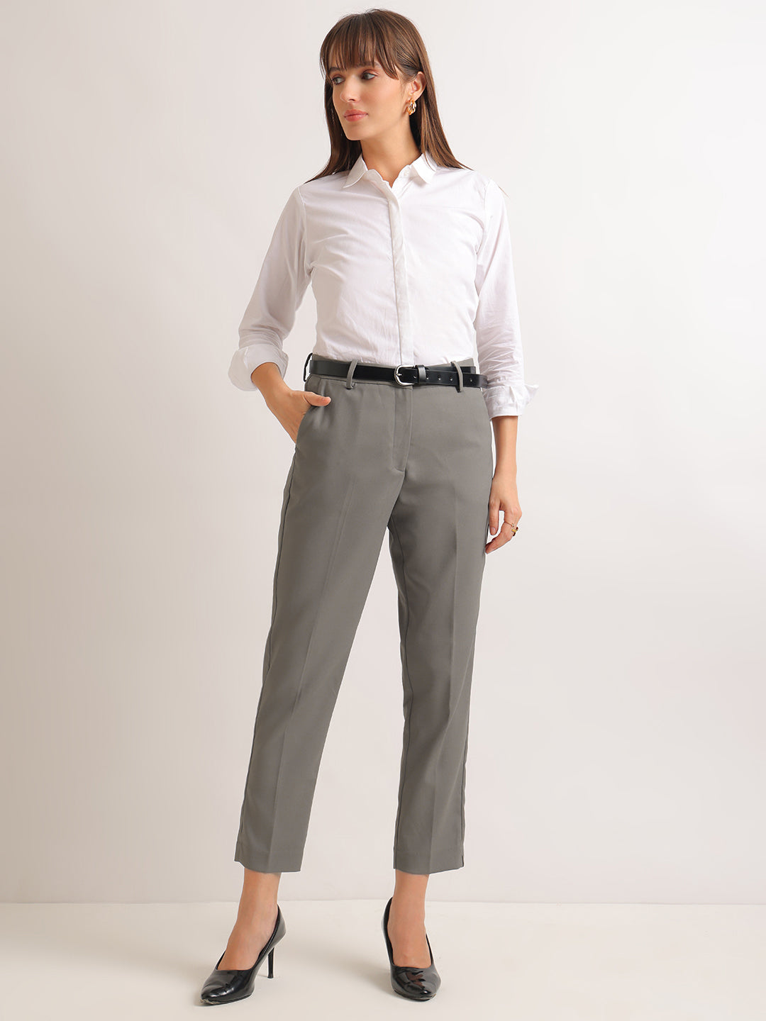 Hancock   Women   Grey   Solids   Viscose Rayon   Slim Fit   Formal   Trouser