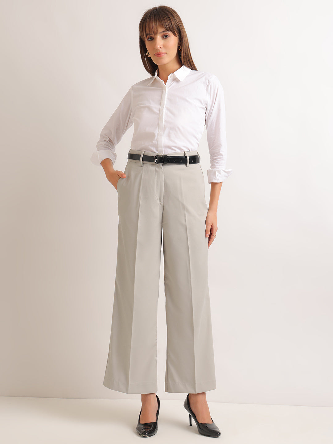 Hancock   Women   Greige   Solids   Viscose Rayon   Wide Leg   Formal   Trouser