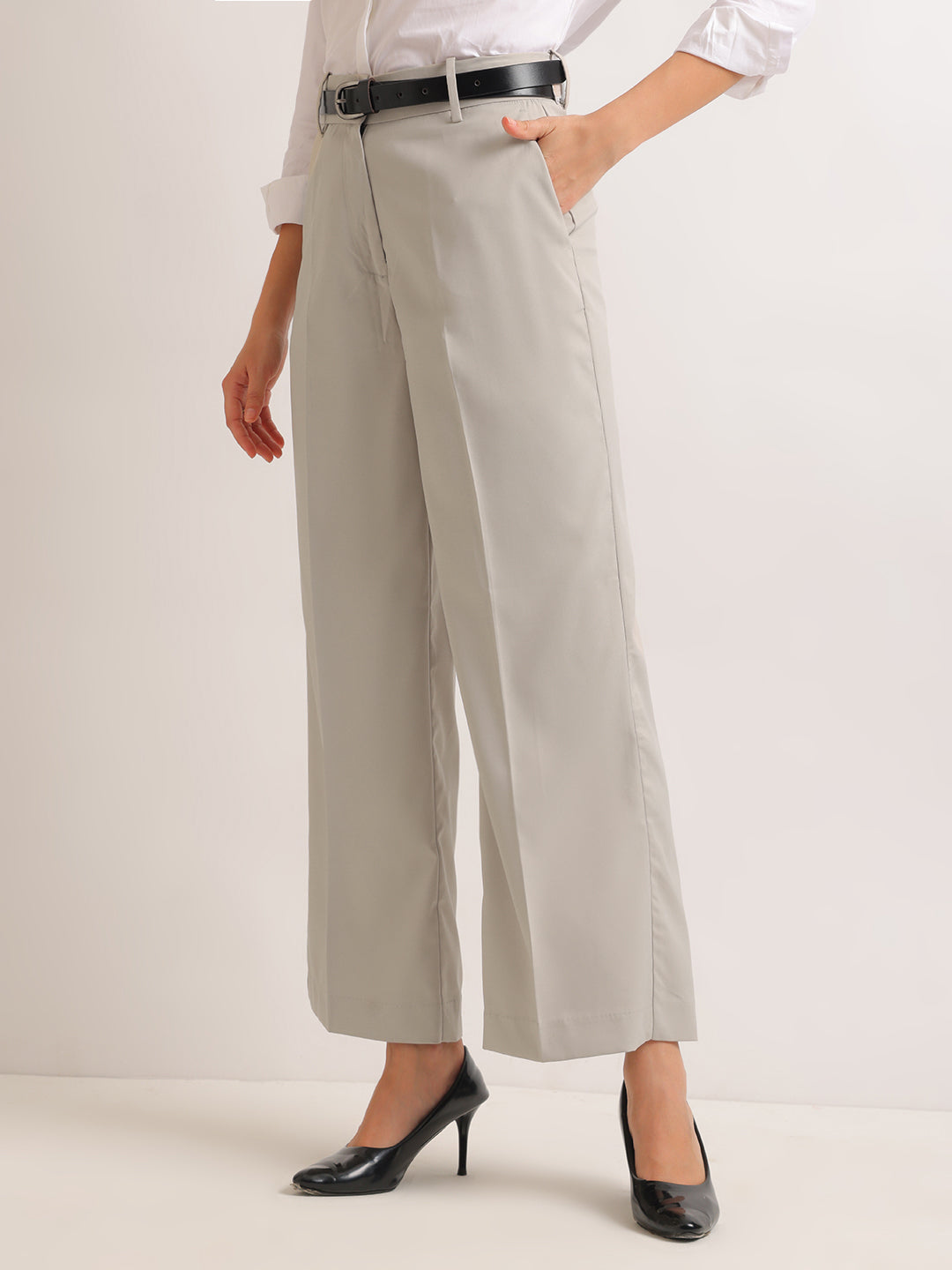 Hancock   Women   Greige   Solids   Viscose Rayon   Wide Leg   Formal   Trouser