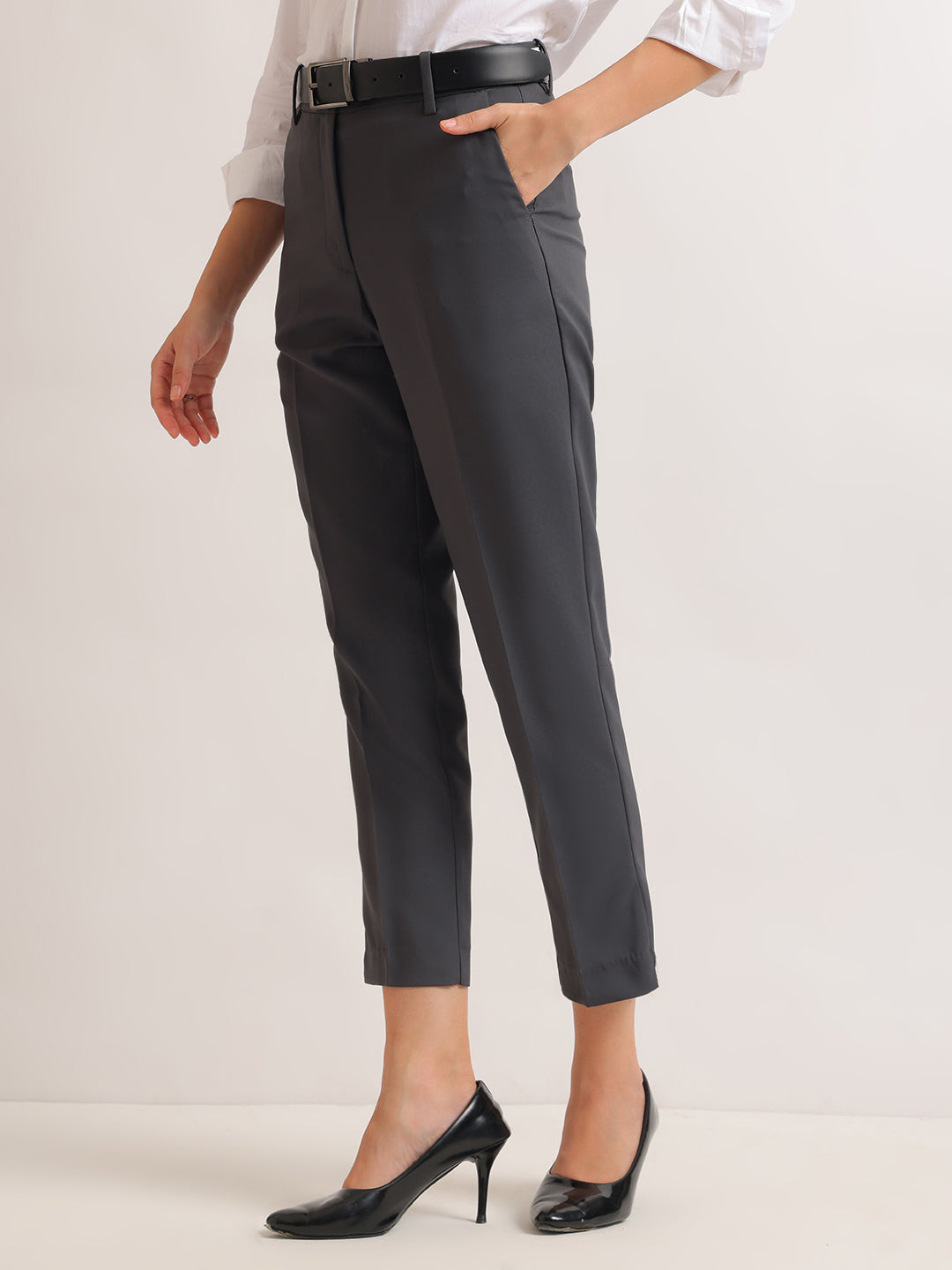 Hancock   Women   Charcoal   Solids   Viscose Rayon   Slim Fit   Formal   Trouser