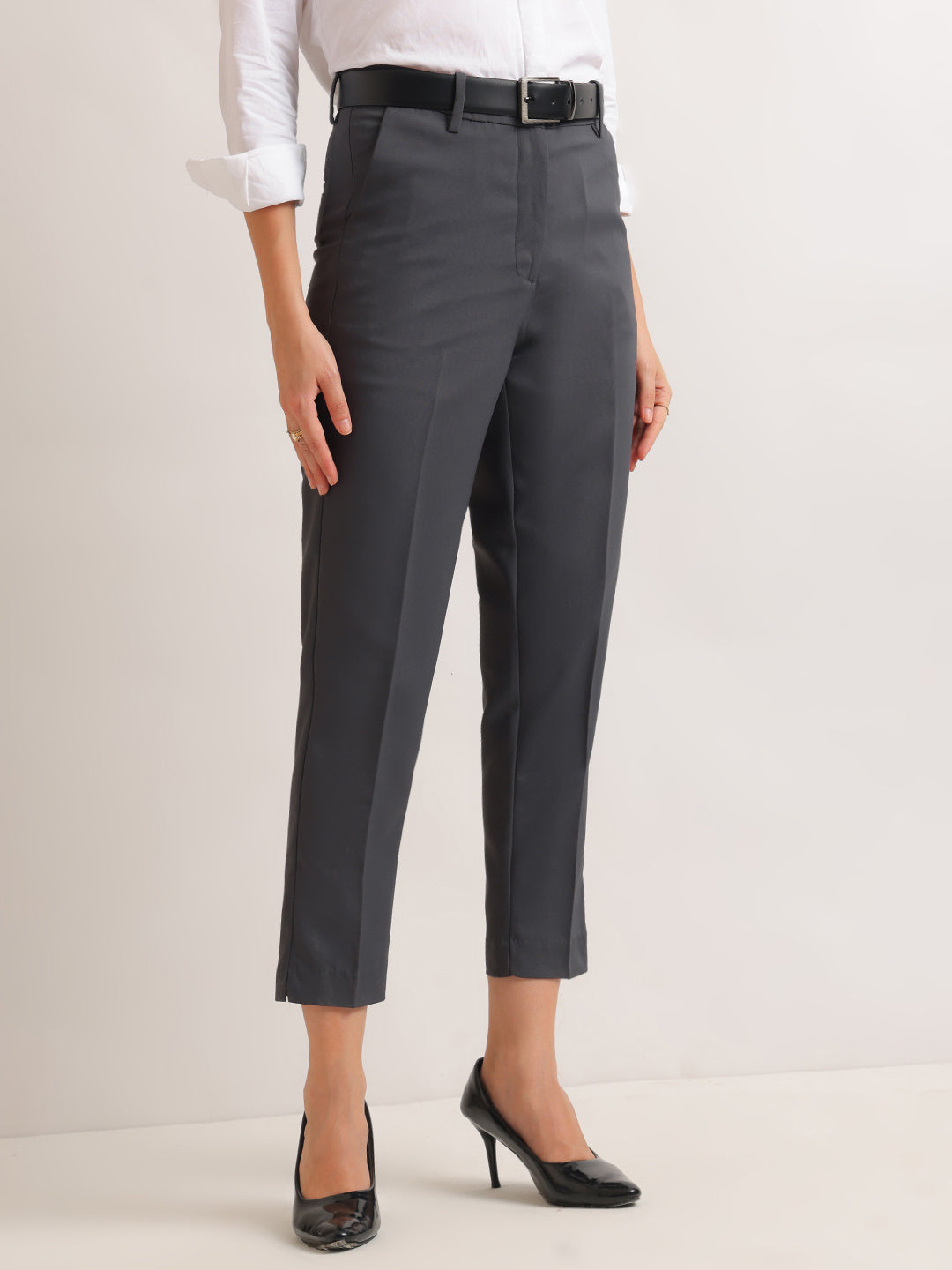 Hancock   Women   Charcoal   Solids   Viscose Rayon   Slim Fit   Formal   Trouser