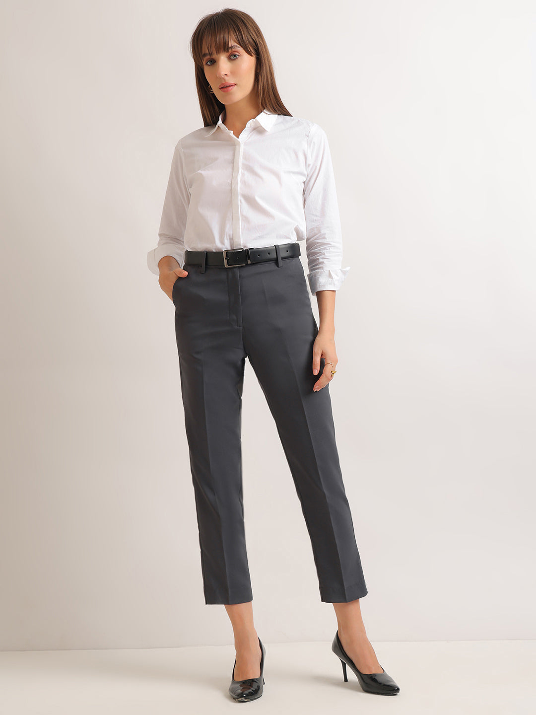 Hancock   Women   Charcoal   Solids   Viscose Rayon   Slim Fit   Formal   Trouser