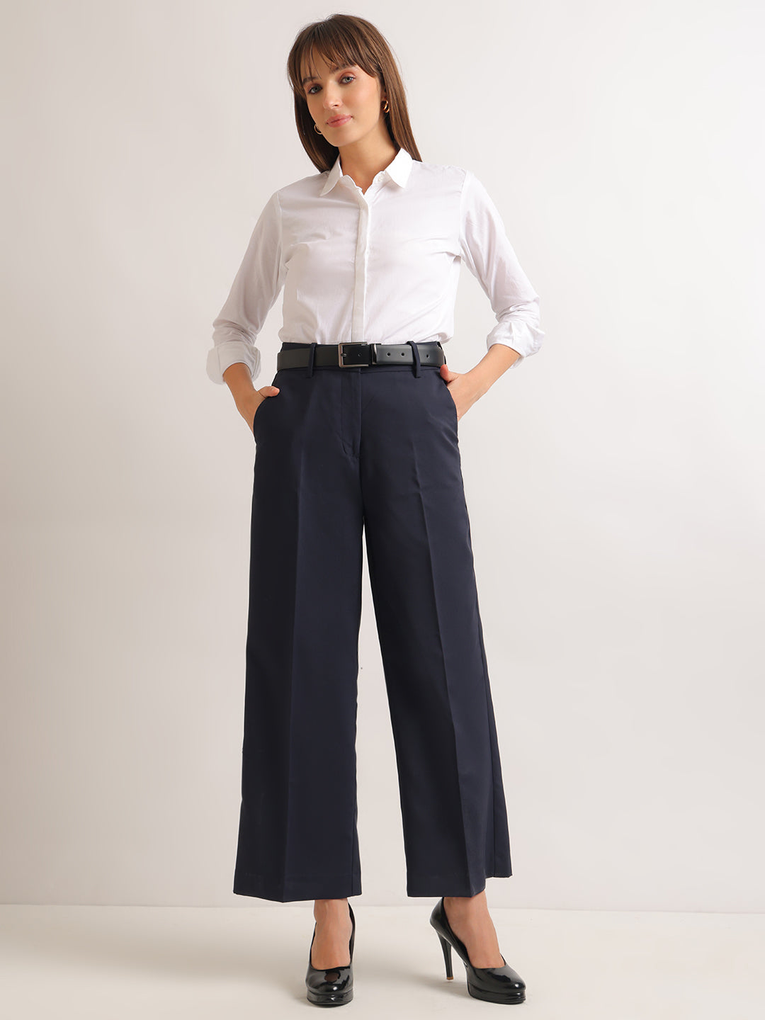 Hancock   Women   Navy Blue   Solids   Viscose Rayon   Wide Leg   Formal   Trouser