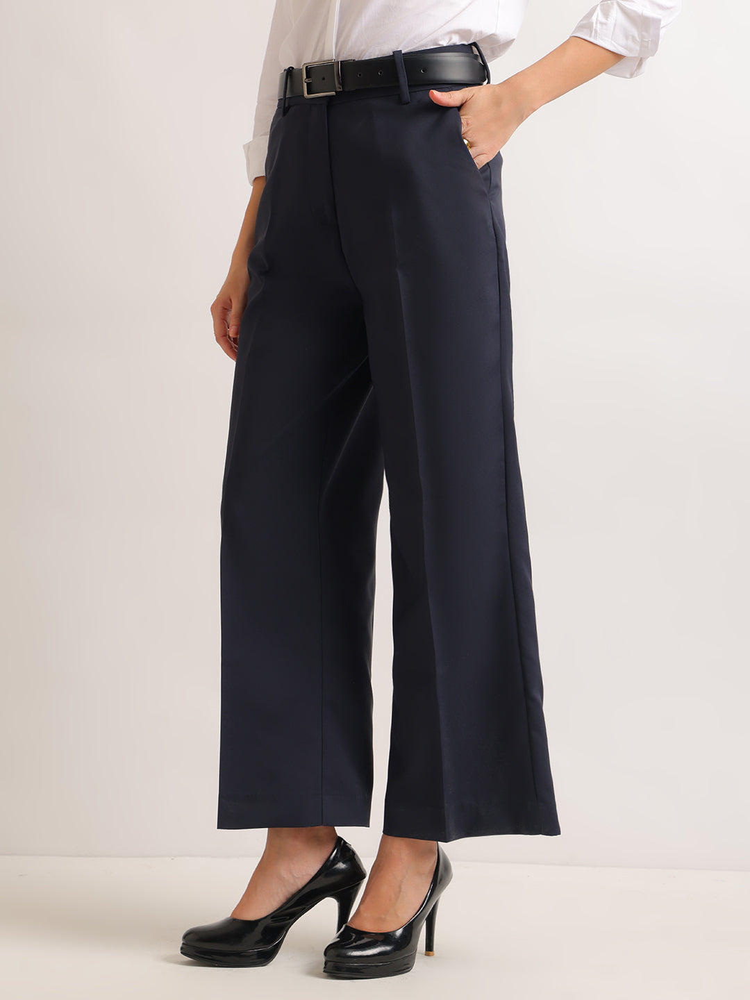 Hancock   Women   Navy Blue   Solids   Viscose Rayon   Wide Leg   Formal   Trouser