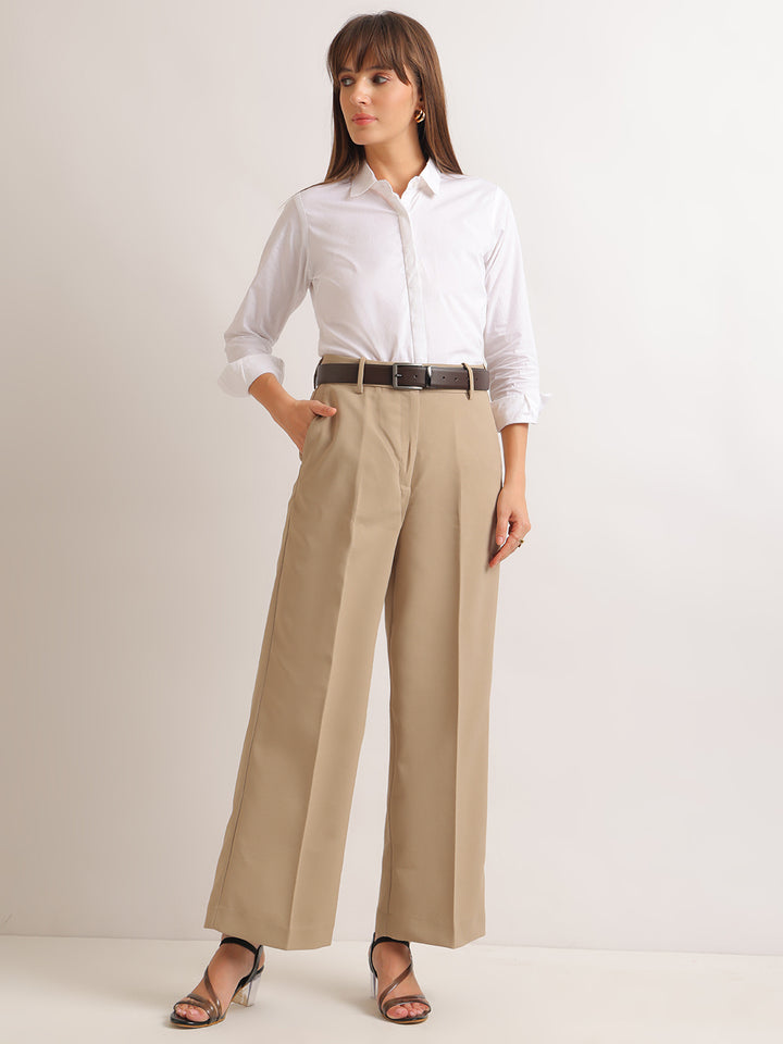 Hancock   Women   Beige   Solids   Viscose Rayon   Wide Leg   Formal   Trouser