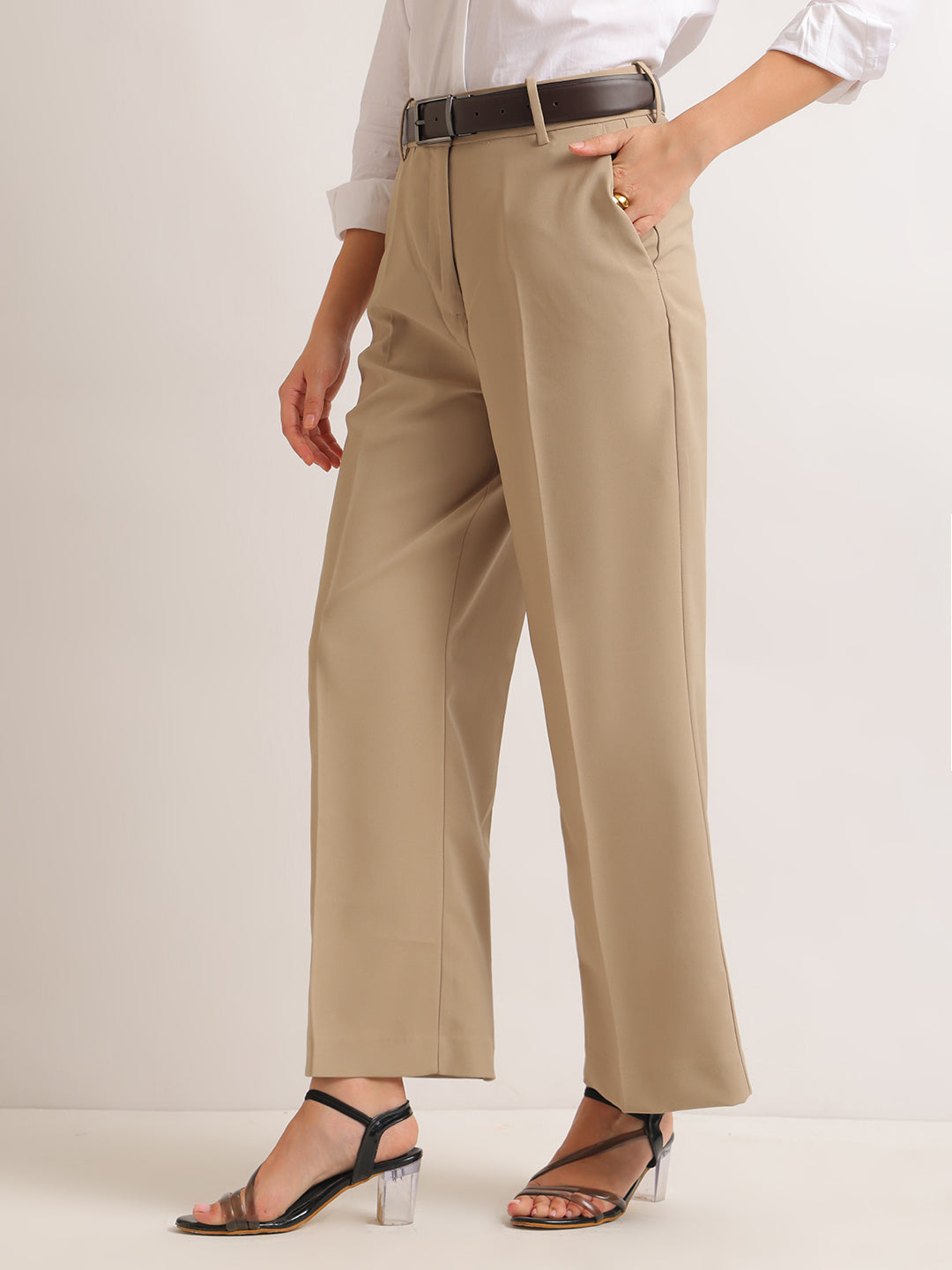 Hancock   Women   Beige   Solids   Viscose Rayon   Wide Leg   Formal   Trouser