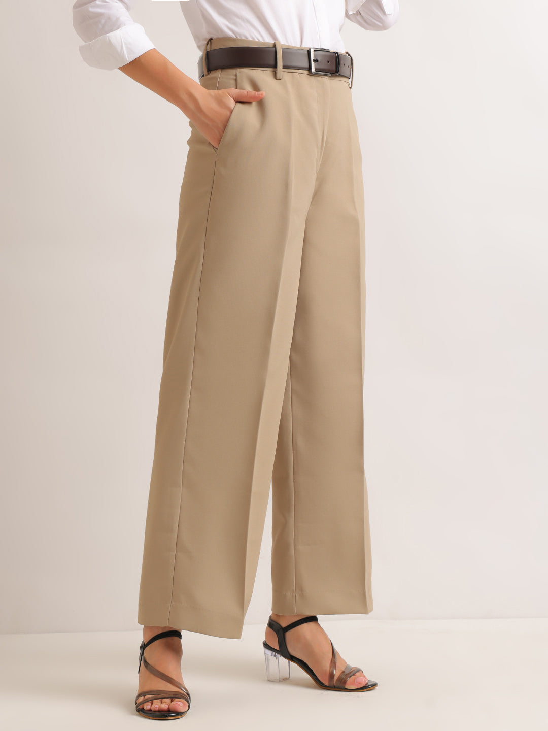 Hancock   Women   Beige   Solids   Viscose Rayon   Wide Leg   Formal   Trouser