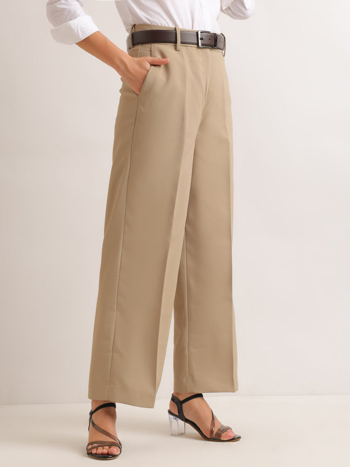 Hancock   Women   Beige   Solids   Viscose Rayon   Wide Leg   Formal   Trouser