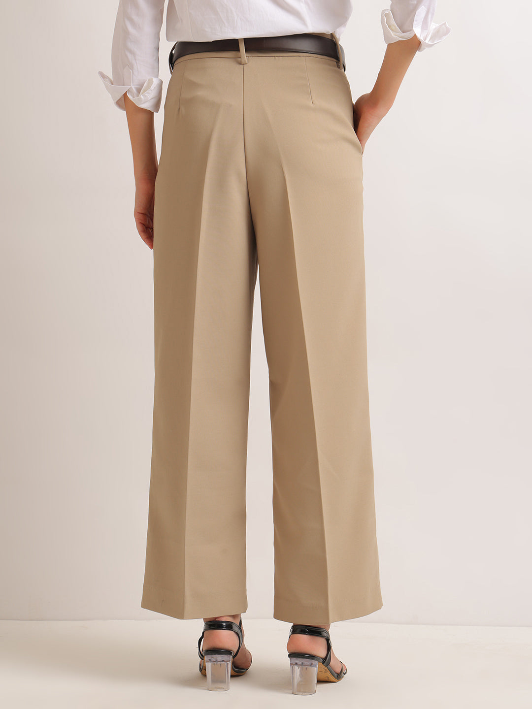 Hancock   Women   Beige   Solids   Viscose Rayon   Wide Leg   Formal   Trouser
