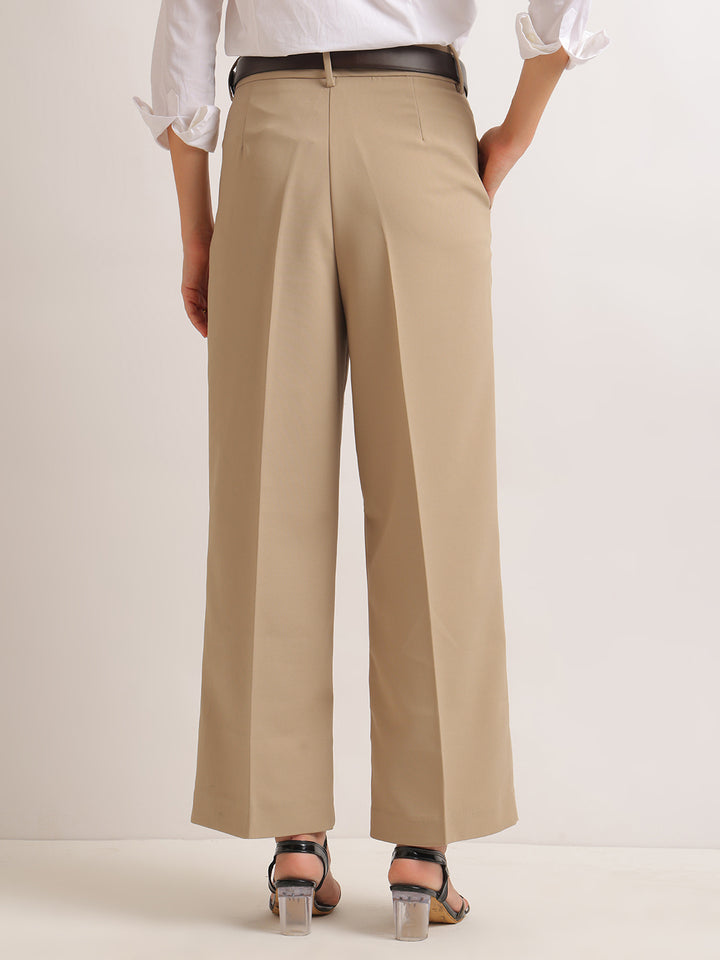 Hancock   Women   Beige   Solids   Viscose Rayon   Wide Leg   Formal   Trouser