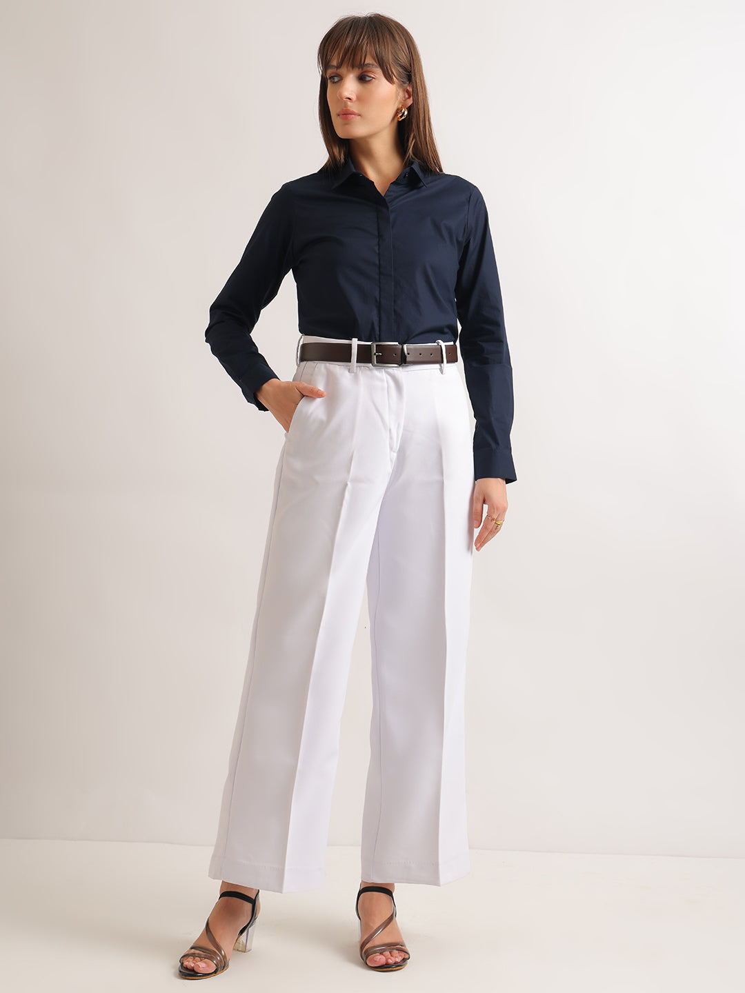 Hancock   Women   White   Solids   Viscose Rayon   Wide Leg   Formal   Trouser