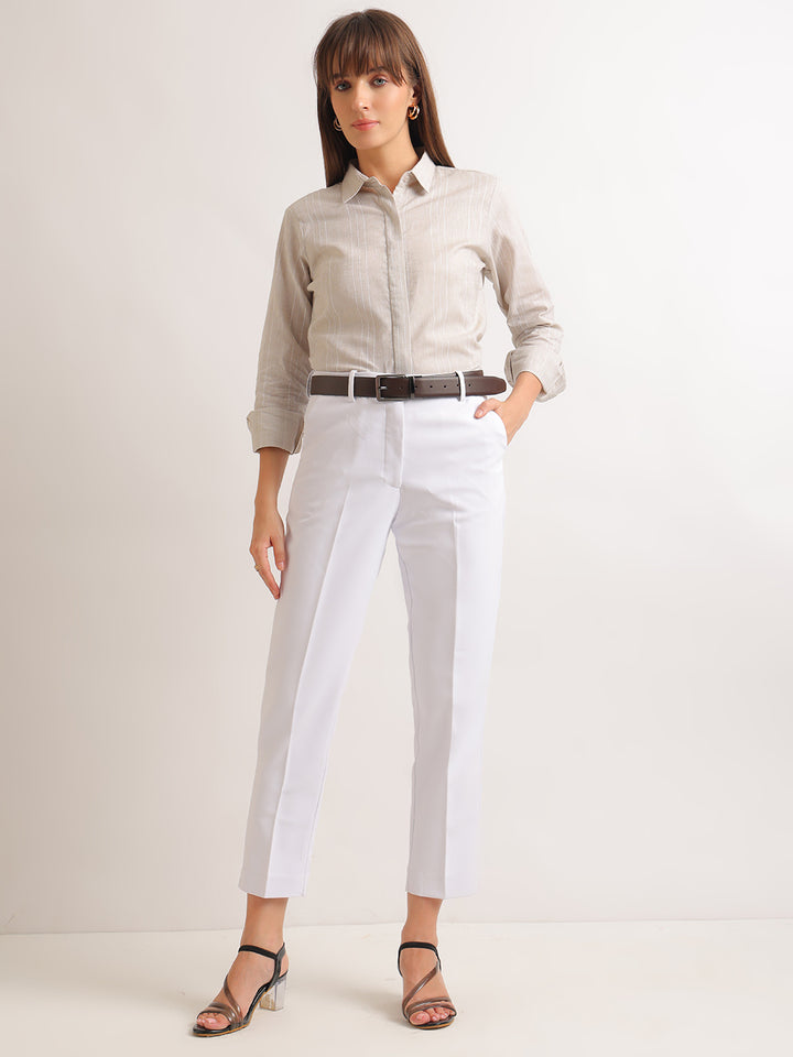 Hancock   Women   White   Solids   Viscose Rayon   Slim Fit   Formal   Trouser