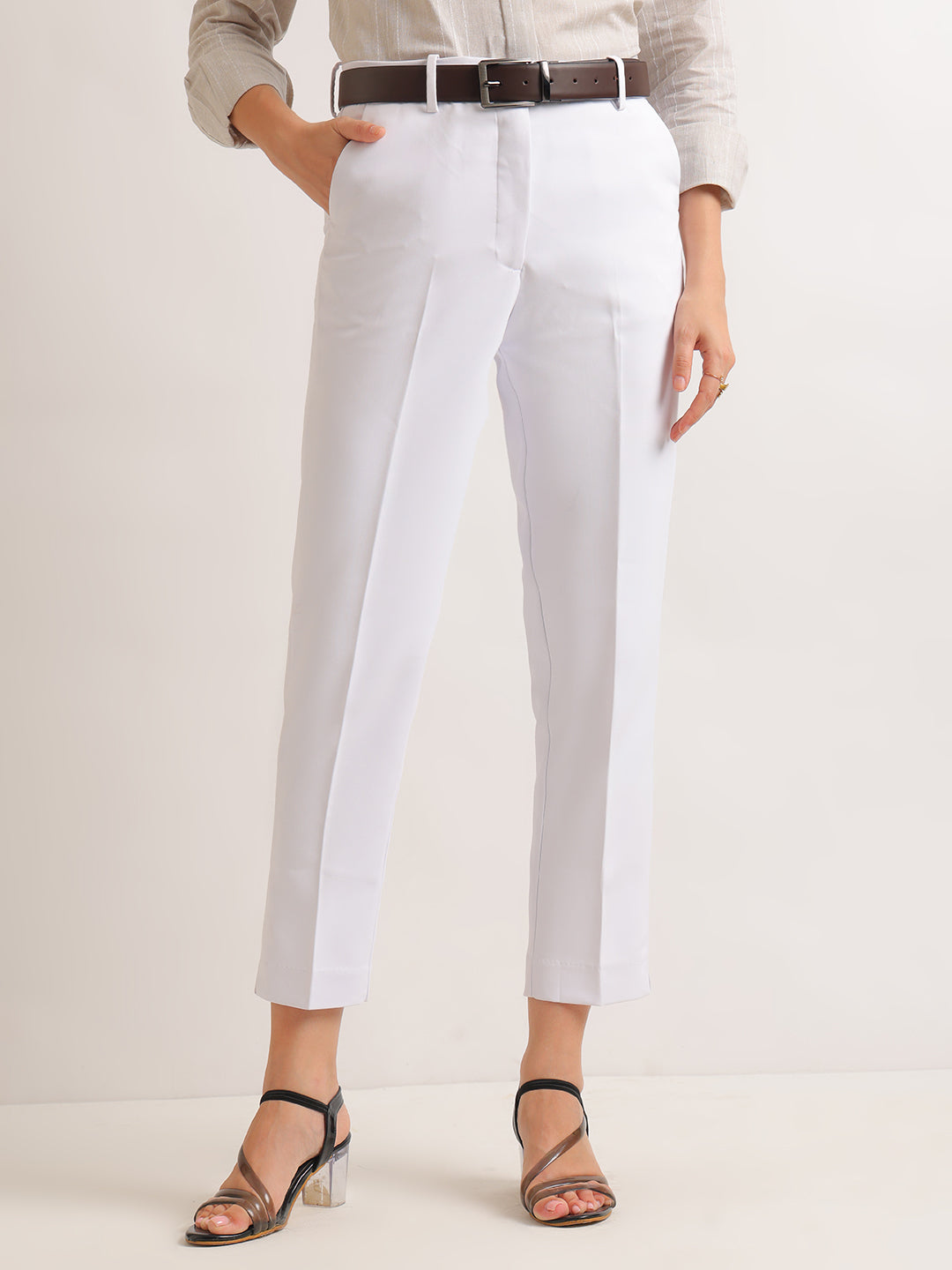 Hancock   Women   White   Solids   Viscose Rayon   Slim Fit   Formal   Trouser