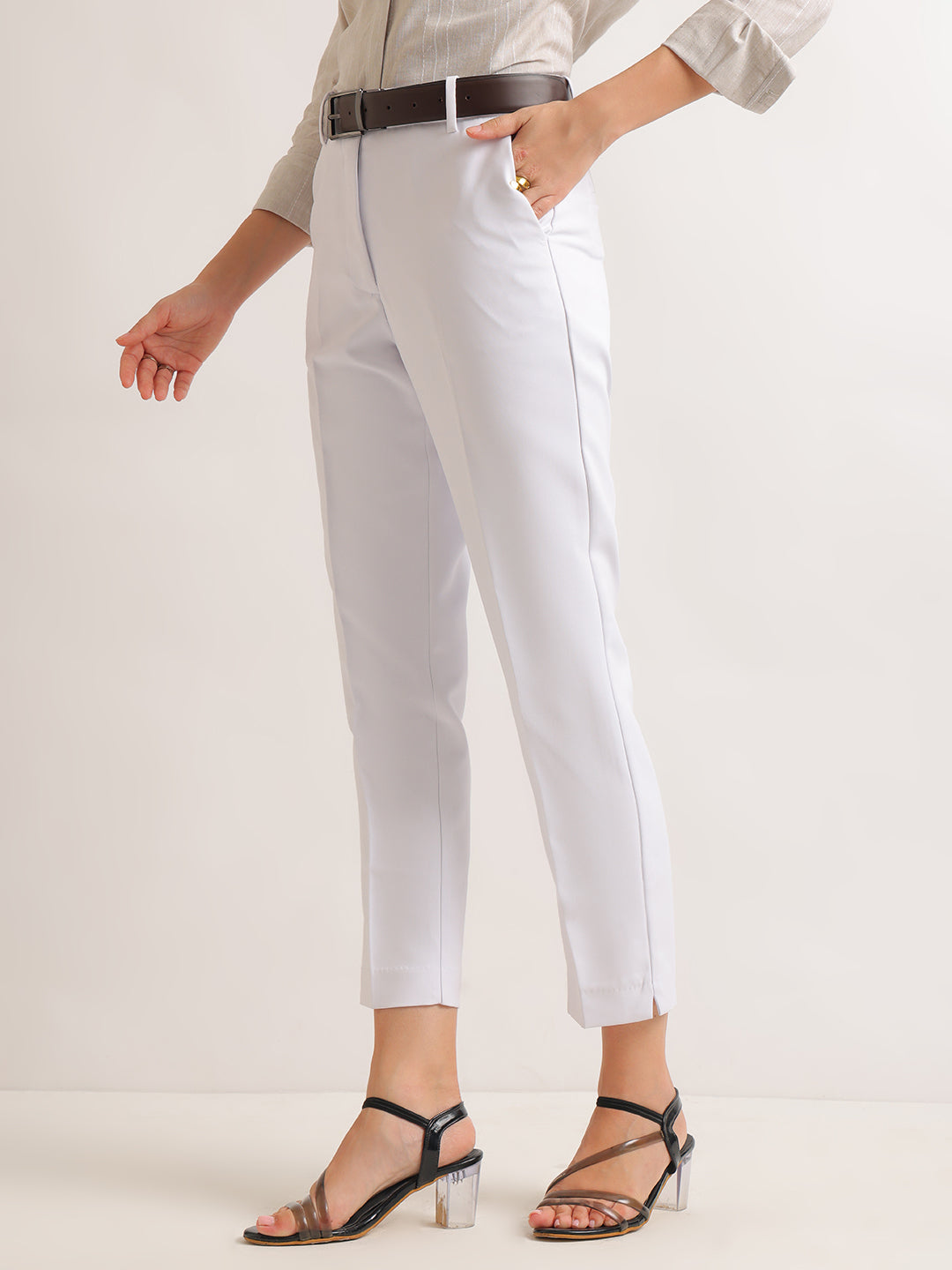 Hancock   Women   White   Solids   Viscose Rayon   Slim Fit   Formal   Trouser