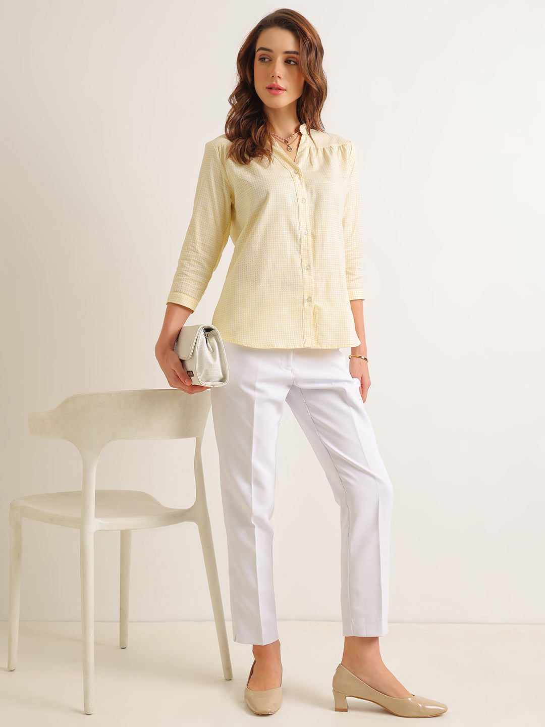 Hancock   Women   Yellow   Solid Self Design   Pure Cotton   Regular Fit   Formal   Shirt