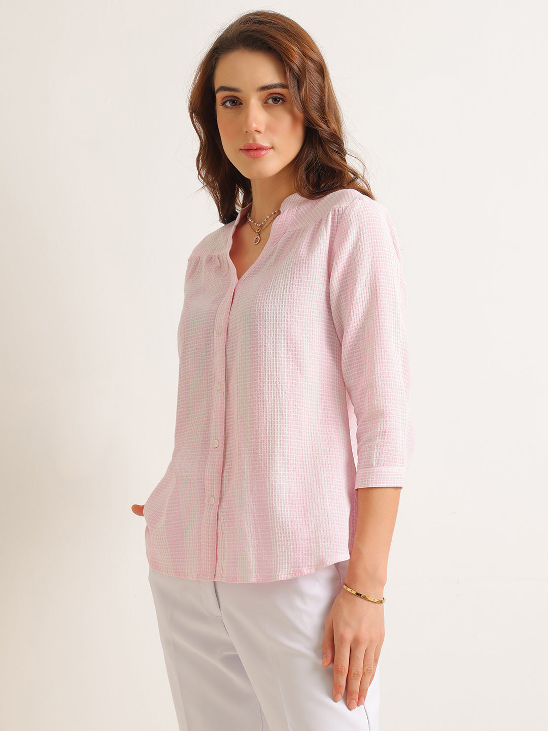 Hancock   Women   Pink   Solid Self Design   Pure Cotton   Regular Fit   Formal   Shirt