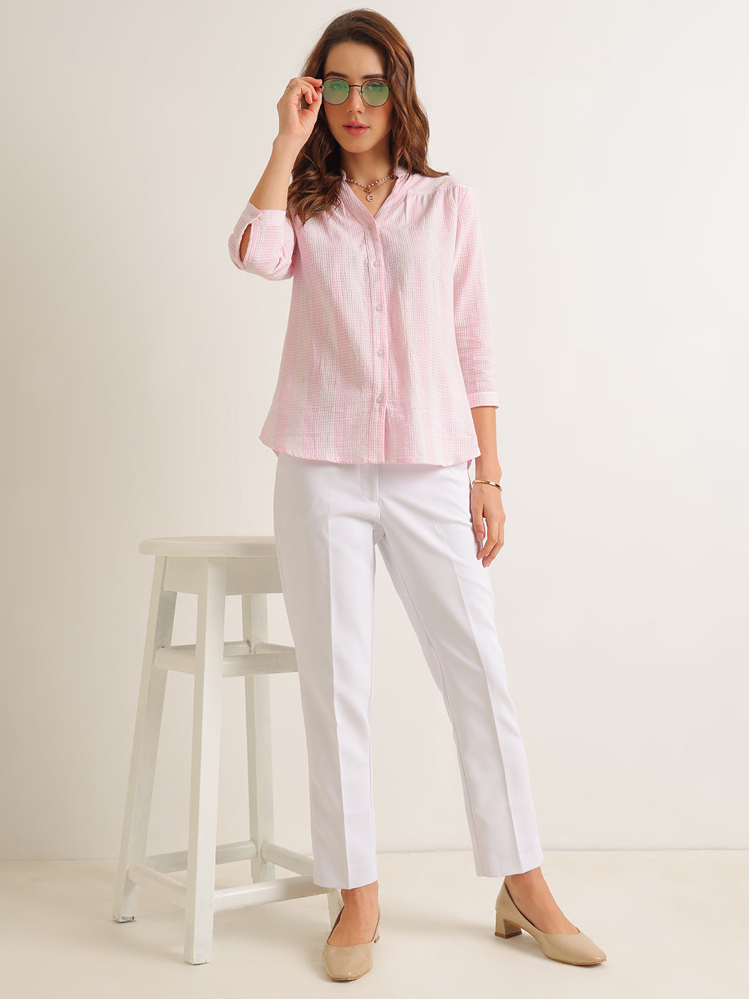 Hancock   Women   Pink   Solid Self Design   Pure Cotton   Regular Fit   Formal   Shirt