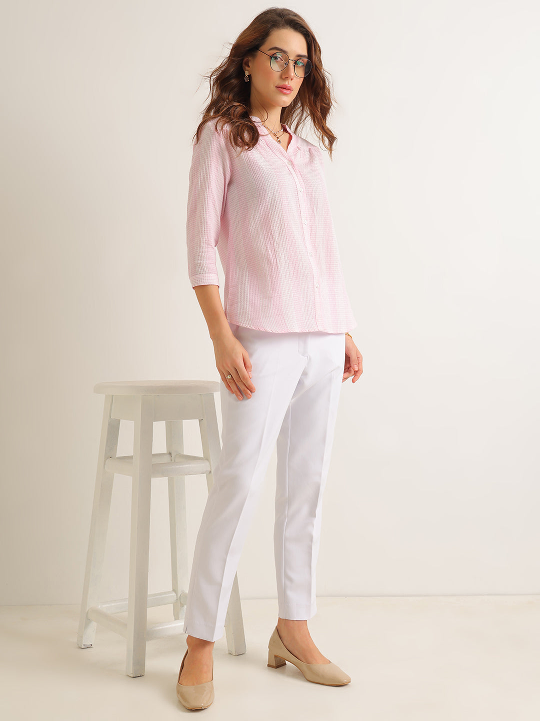 Hancock   Women   Pink   Solid Self Design   Pure Cotton   Regular Fit   Formal   Shirt