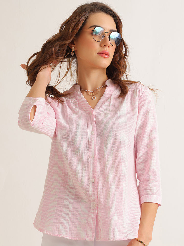 Hancock   Women   Pink   Solid Self Design   Pure Cotton   Regular Fit   Formal   Shirt