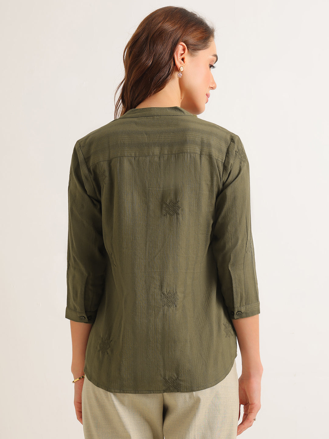 Hancock   Women   Olive   Solid Self Design   Pure Cotton   Regular Fit   Formal   Shirt