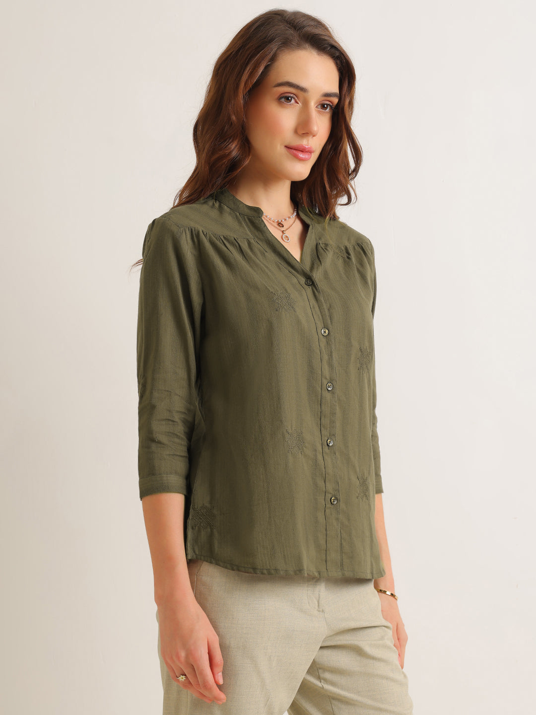 Hancock   Women   Olive   Solid Self Design   Pure Cotton   Regular Fit   Formal   Shirt