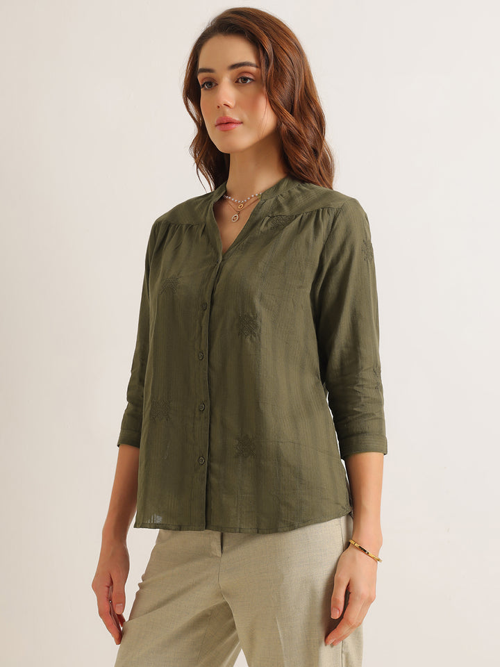 Hancock   Women   Olive   Solid Self Design   Pure Cotton   Regular Fit   Formal   Shirt