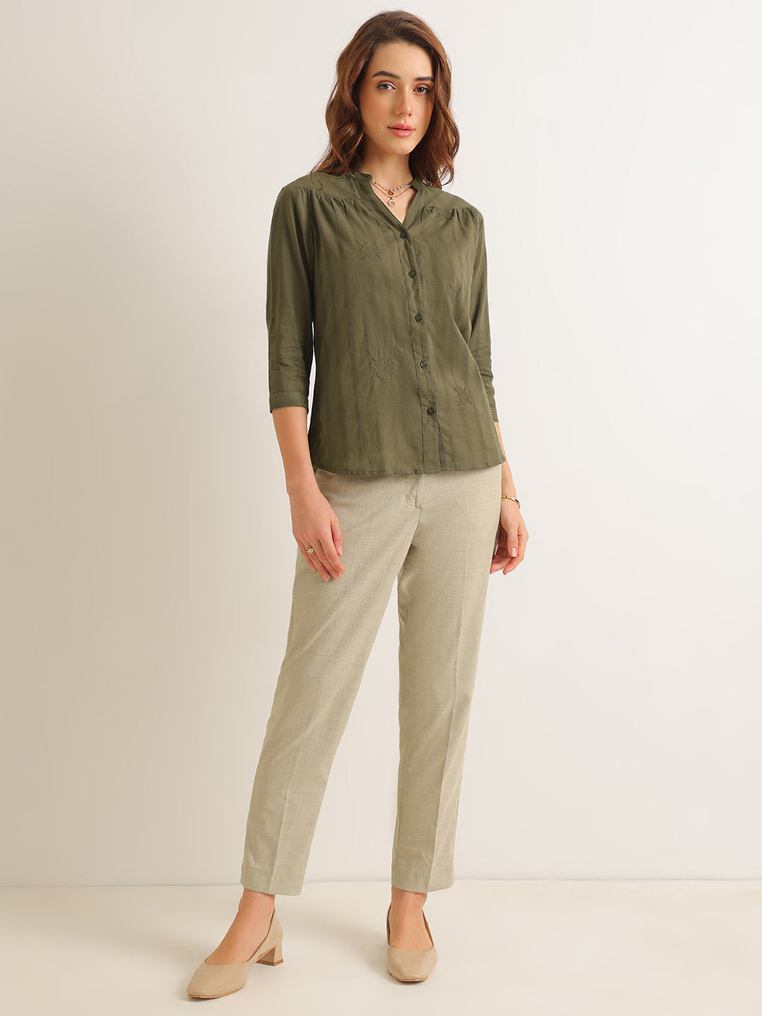 Hancock   Women   Olive   Solid Self Design   Pure Cotton   Regular Fit   Formal   Shirt