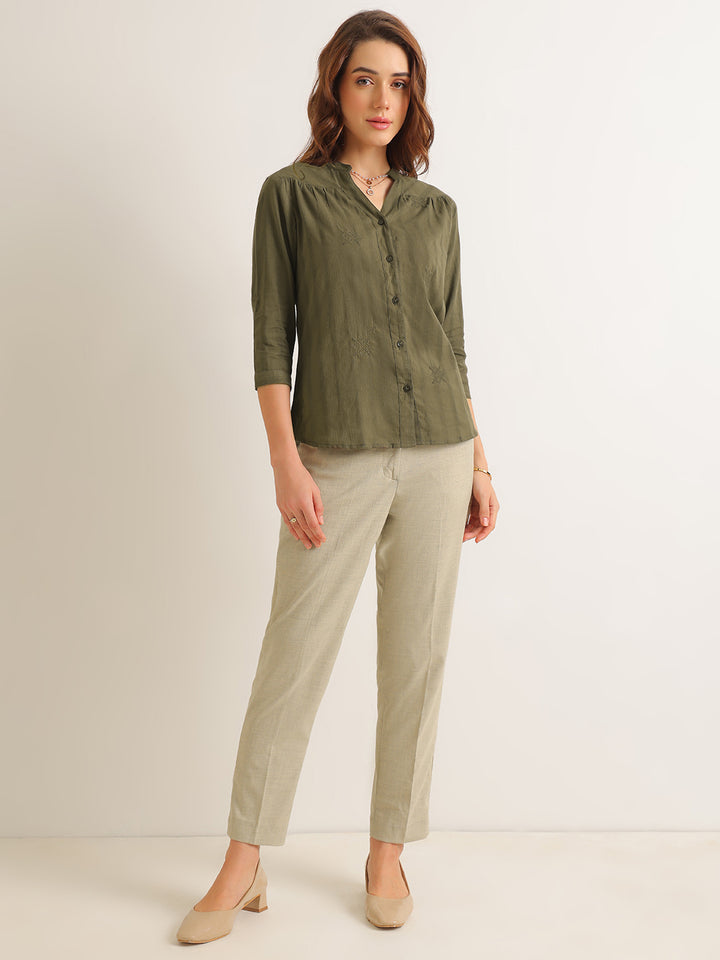 Hancock   Women   Olive   Solid Self Design   Pure Cotton   Regular Fit   Formal   Shirt