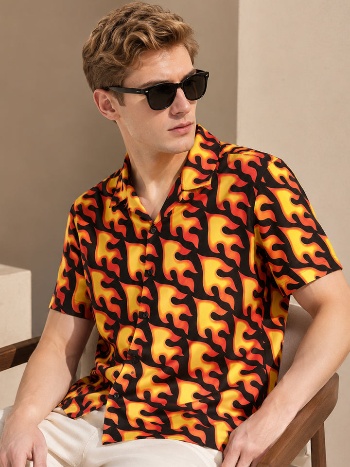 Men Yellow & Black Abstract Cotton Regular Fit Casual Shirt