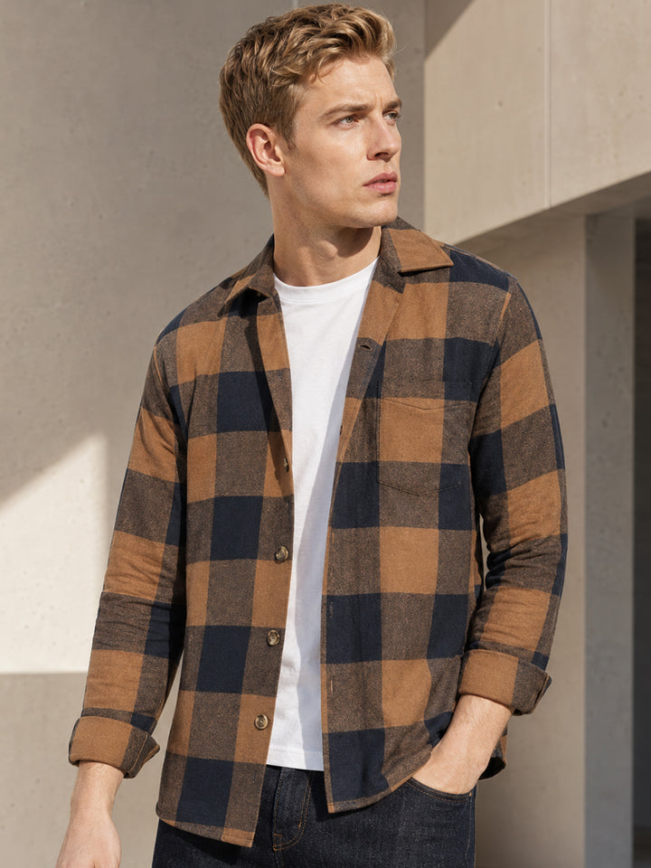 Men Mustard & Navy Blue Plaided & Flannel Checked Pure Cotton Regular Fit Casual Shacket