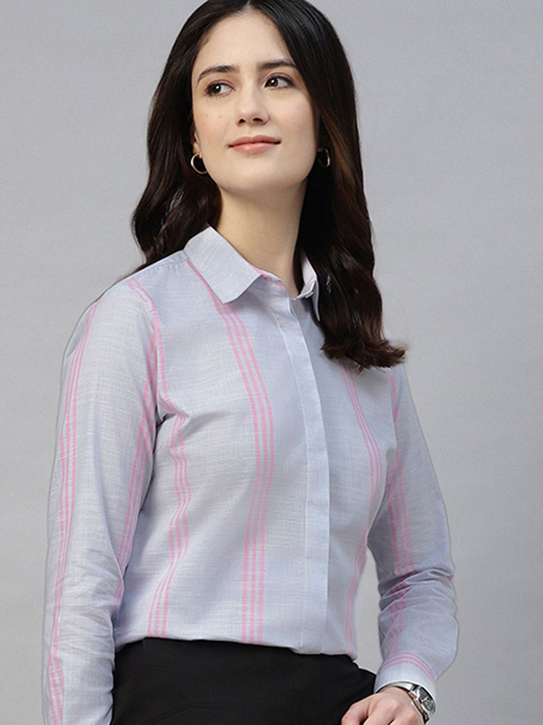 Hancock Women Blue Stripe Pure Cotton Regular Fit Formal Shirt